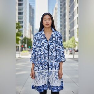 Elegant Blue and White Floral Midi Dress